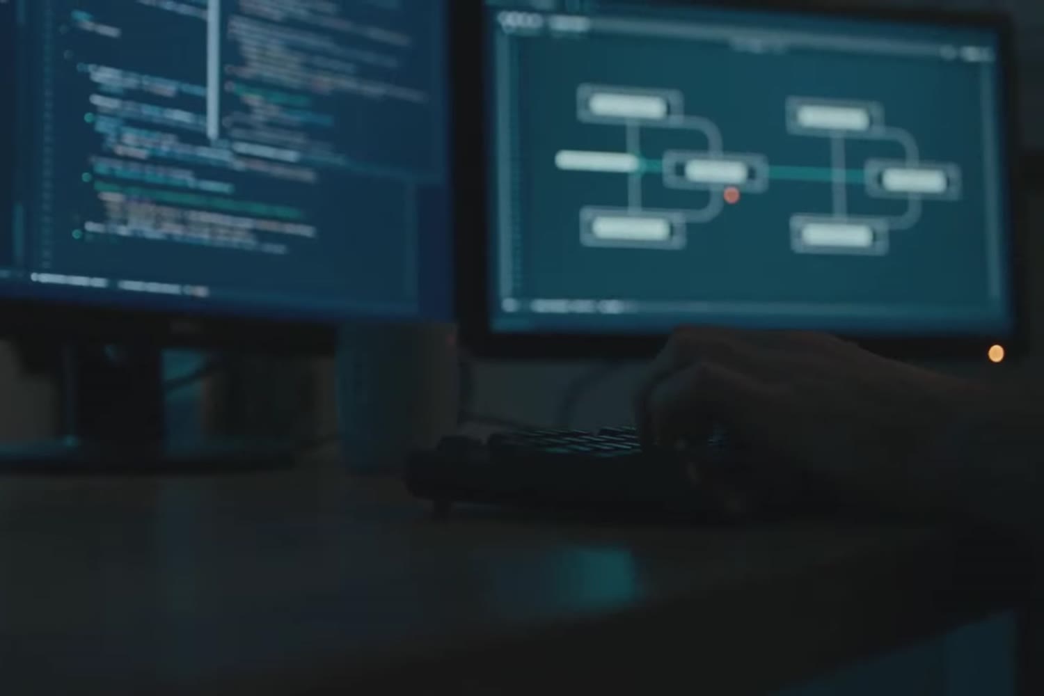 Two monitors with code and a pipeline diagram, illustration