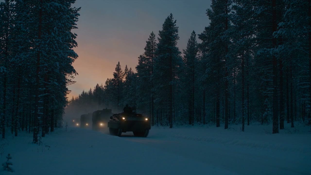 Illustration: a column of military vehicles on a snowy forest road at dusk, a still from the FMV case film